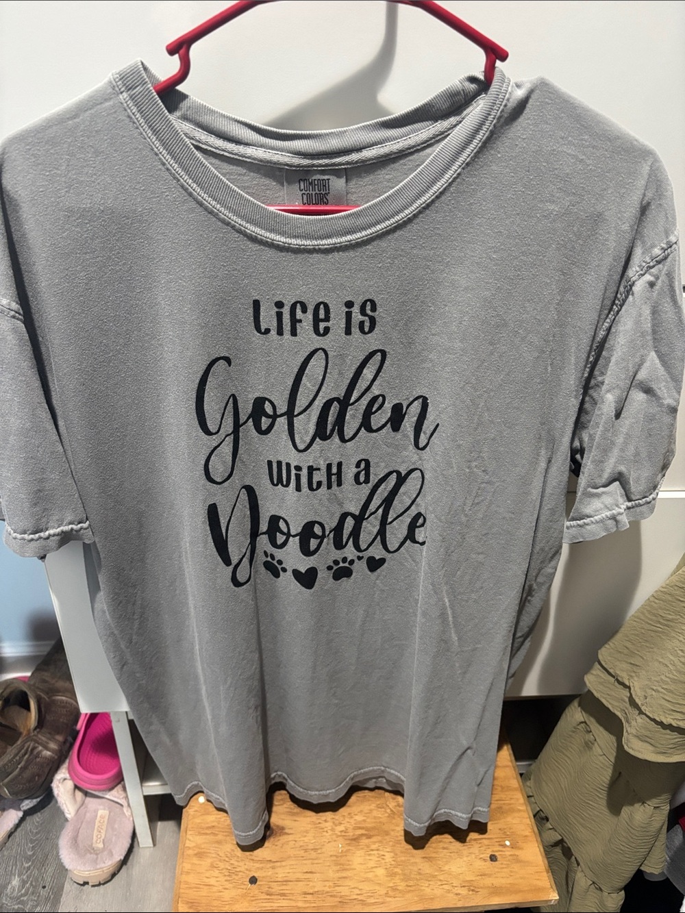 Comfort Colors Gray womens Tee with Black 'Life is Golden with a Doodle' Graphic